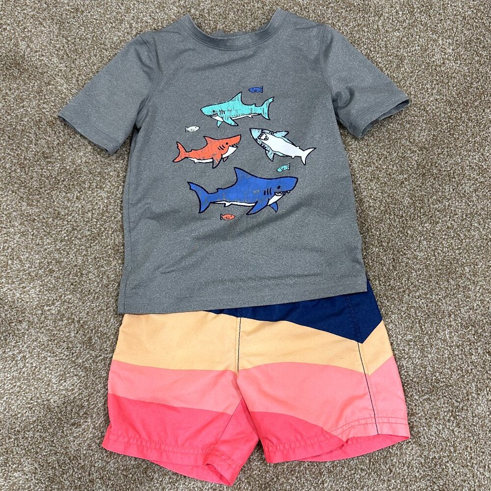 Cat & Jack Sharks Rash Guard in 4T and Old Navy Striped Swim Trunks in 3T